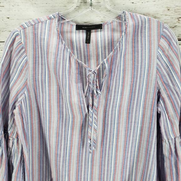 BCBGMAXAZRIA Purple 100%Cotton Bell Sleeve Striped Top Size Small - Picture 3 of 11